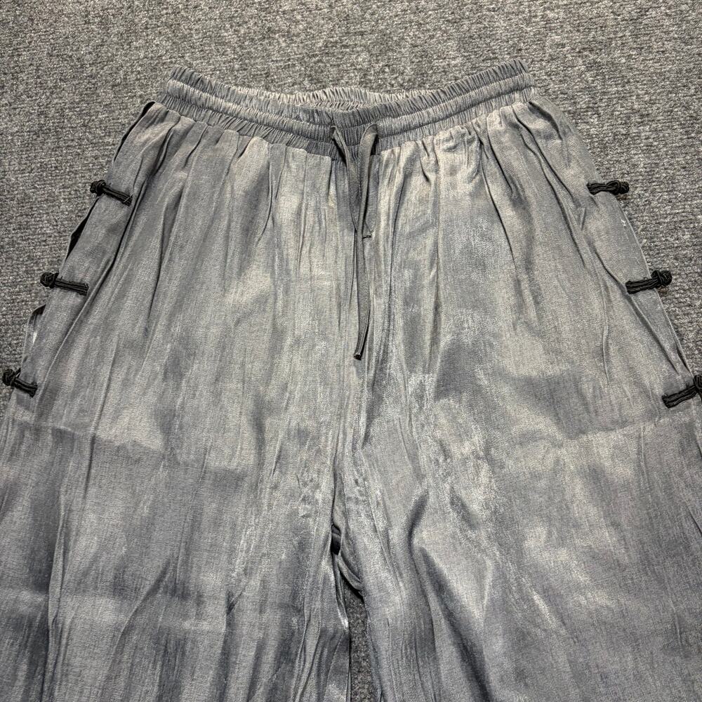 Chinese Style Gray Black Wide Leg Pants Womens XL Butterfly Print Frog Buttons - Picture 2 of 8